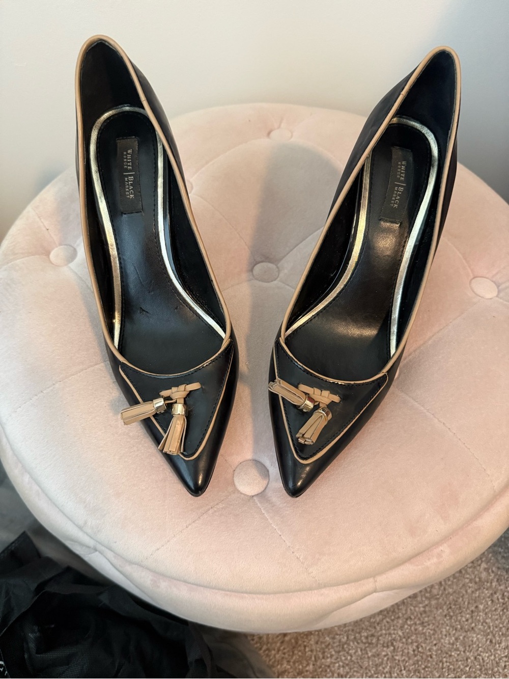 White House Black Market Black Pointed Pumps with Tan Trim and Tassel Accents si